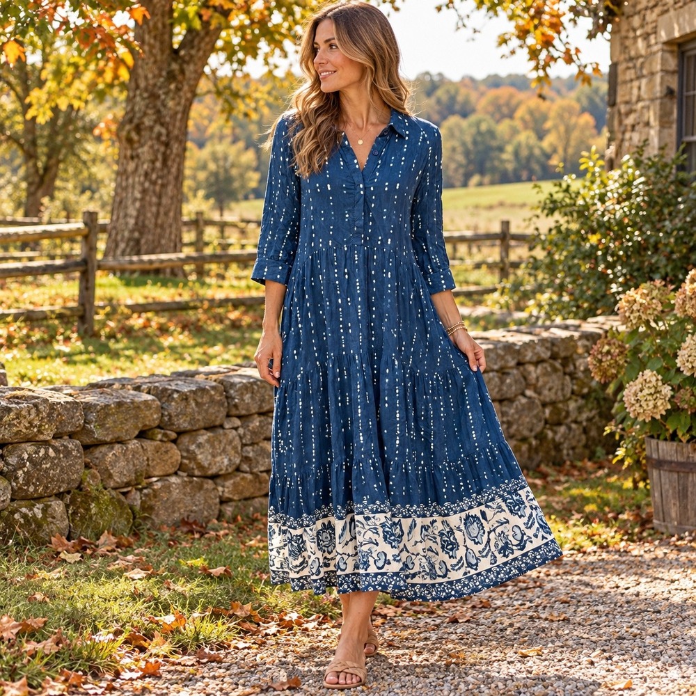 Natural Life Blue Batik Tiered Maxi Dress XXL 3/4 Sleeve Pockets Boho Farmhouse